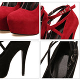Women's Criss Cross Ankle Strap Platforms - Red - Suede / Stiletto Pumps - 46 B - Suede/PU Leather - image 27