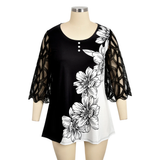 Women's Plus Splice Flower Print Blouse - Black - Flower Tunic Shirt - 8XL - Polyester - image 6