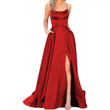 Women's Elegant Long Satin Prom Dress - Red - Spaghetti Strap Evening Dress - 22W - Satin - image 1
