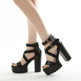 Women's Sexy High Chunky Heel Platforms - Black 1 - Strappy Sandals - 42 B - PU Leather - image 37