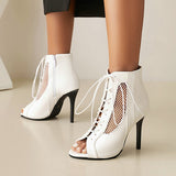 Women's Open Toe Lace Up Granny Boots - White - Open Toe Mesh Granny Boots - 46 B - PU Leather - image 49