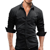 Men's Slim Fit Long Sleeved Denim Shirts - Blue - Dark Blue / Denim Shirt - 3XL - Polyester Denim - image 14
