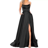 Women's Elegant Long Satin Prom Dress - Black - Spaghetti Strap Evening Dress - 22W - Satin - image 18