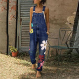 Women's Floral Denim Suspender Overalls - Blue - Dark Blue / Flower Overalls - XXXXXL - Polyester Denim - image 4