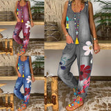 Women's Boho Denim Flower Print Romper - Blue - Jumpsuit - 5XL - Polyester Denim - image 15