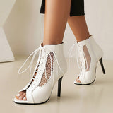 Women's Open Toe Lace Up Granny Boots - White - Open Toe Mesh Granny Boots - 46 B - PU Leather - image 46