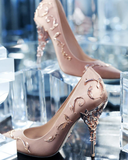 Women's Elegant Silk Formal Prom Stilettos - Gold - Embossed Shoe - 9.5 B - Silk/PU Leather - image 1