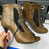 Women's Open Toe Lace Up Granny Boots - White - Open Toe Mesh Granny Boots - 46 B - PU Leather - image 43