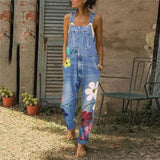 Women's Floral Denim Suspender Overalls - Blue - Dark Blue / Flower Overalls - XXXXXL - Polyester Denim - image 5