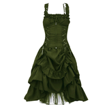 Olive green gothic-style dress with a ruffled bodice and corset lacing. The skirt is layered with a high-low hem, creating a dramatic, elegant look.