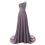 One-shoulder lavender gown with a flowing skirt. Features silver embellishments on the bust and waist, creating an elegant and sophisticated look.