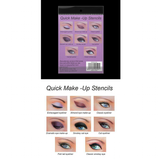 Package of 'Quick Make-Up Stencils' featuring eight eye makeup designs including extravagant, almond, classic, dramatic, smokey, cat, fish tail, and classic smokey eye, on a purple background."