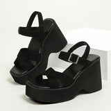 Women's Platform Wedge Summer Sandals - Black - Wedge Sandals - 43 B - PU Leather - image 8