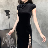 Women's Long Gothic Velvet Spilt Dress - Black - Dress - XXXL - Velvet - image 2