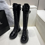 Women's Patent Buckle Strap Lace Up Boot - Black - Boot - 42 B - PU Patent Leather - image 2