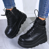 Women's High Platform Buckle Ankle Boots - Black - Ankle Wedge Boot - 43 B - PU leather - image 18