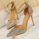 Women's Shiny Rhinestone Designer Heels - Champagne - Shimmer Shoes - 40 B - PU Leather - image 10