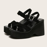 Women's Platform Wedge Summer Sandals - Black - Wedge Sandals - 43 B - PU Leather - image 3