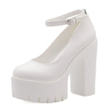 Women's High Platform Buckle Strap Shoes - White - Solid - Chunky Platform Shoes - 42 B - PU Leather - image 5