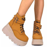 Women's High Platform Buckle Ankle Boots - Brown - Ankle Wedge Boot - 43 B - PU leather - image 32