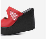 Women's Platform Wedge Mesh Sandals - Black - Mesh Platform Sandals - 44 B - PU Leather - image 9