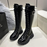 Women's Patent Buckle Strap Lace Up Boot - Black - Boot - 42 B - PU Patent Leather - image 11