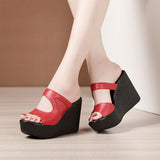 Women's Platform Wedge Mesh Sandals - Black - Mesh Platform Sandals - 44 B - PU Leather - image 5