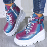 Women's High Platform Buckle Ankle Boots - Black - Ankle Wedge Boot - 43 B - PU leather - image 10