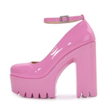 Women's High Platform Buckle Strap Shoes - Pink - Patent - Chunky Platform Shoes - 42 B - PU Leather - image 6