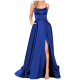 Women's Elegant Long Satin Prom Dress - Blue - Spaghetti Strap Evening Dress - 22W - Satin - image 20