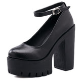Women's High Platform Buckle Strap Shoes - Black - Solid - Chunky Platform Shoes - 42 B - PU Leather - image 35