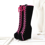 Women's Pink Lace Up Suede Platform Boot - Black - Lace Up Suede Wedges - 43 B - PU Suede Leather - image 5