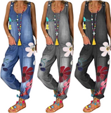 Women's Boho Denim Flower Print Romper - Blue - Jumpsuit - 5XL - Polyester Denim - image 1
