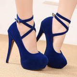 Women's Super High Cross Strap Platforms - Blue - Super High Stilettos - 16 B - Suede/PU Leather - image 18