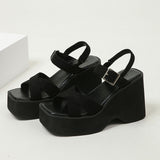 Women's Platform Wedge Summer Sandals - Black - Wedge Sandals - 43 B - PU Leather - image 7
