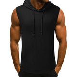 Sleeveless black hoodie worn by a person with muscular arms, featuring a hood and front pocket. The style is casual and sporty.