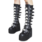 Women's Punk Buckle Strap Platform Boots - Black - 2: Matte - Round Heel - 43 B - PU Leather - image 38