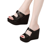 Women's Platform Wedge Mesh Sandals - Black - Mesh Platform Sandals - 44 B - PU Leather - image 18