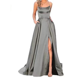 Women's Elegant Long Satin Prom Dress - Grey - Spaghetti Strap Evening Dress - 22W - Satin - image 7
