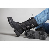 Men's Gothic Motorcycle Mid-Calf Boots - Black - Buckle Strap Boots - 45 B - PU Leather - image 7