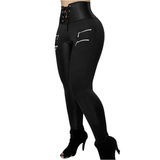 Women's Fitted Stretch Buckle Zip Pants - Black - 12 / Four Front Zips Pants - XL - Polyester - image 18