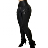 Women's Fitted Stretch Buckle Zip Pants - Black - 14 / Thigh Buckle Strap Pants - XL - Polyester - image 19