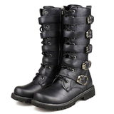 Men's Buckle Strap Mid-Calf Gothic Boots - Black - Biker Boots - 46 B - PU Leather - image 1