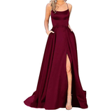 Women's Elegant Long Satin Prom Dress - Burgundy - Spaghetti Strap Evening Dress - 22W - Satin - image 24