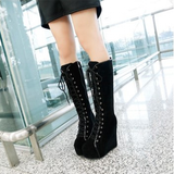 Women's Pink Lace Up Suede Platform Boot - Black - Lace Up Suede Wedges - 43 B - PU Suede Leather - image 16