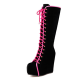 Women's Pink Lace Up Suede Platform Boot - Black - Lace Up Suede Wedges - 43 B - PU Suede Leather - image 10