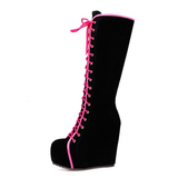 Women's Pink Lace Up Suede Platform Boot - Black - Lace Up Suede Wedges - 43 B - PU Suede Leather - image 9