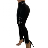 Women's Fitted Stretch Buckle Zip Pants - Black - 11 / Knee Buckle Strap Pants - XL - Polyester - image 17