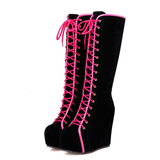 Women's Pink Lace Up Suede Platform Boot - Pink - Lace Up Suede Wedges - 43 B - PU Suede Leather - image 27