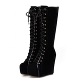 Women's Pink Lace Up Suede Platform Boot - Black - Lace Up Suede Wedges - 43 B - PU Suede Leather - image 15